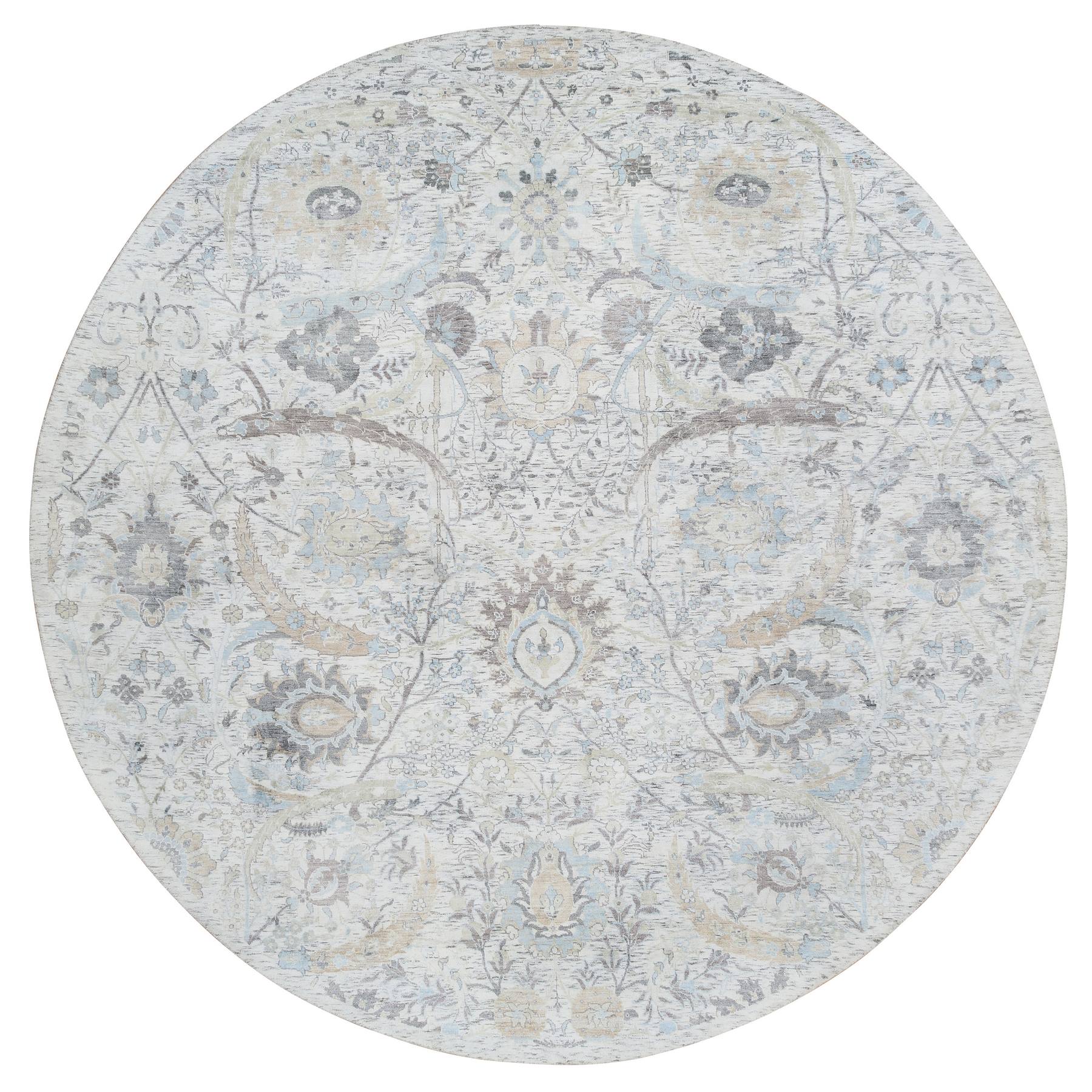 9'9"x9'9" Ivory and Blue, Silk with Textured Wool Hand Knotted, Sickle Leaf Design Soft Pile, Round Oriental Rug 